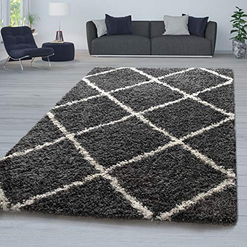 TT Home Wohnzimmer Hochflor Teppich Shaggy Modernes Rauten Design In Skandi Optik, Farbe: Anthrazit, Größe:160x220 cm