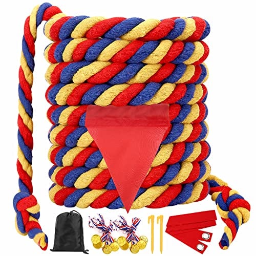 WYRJXYB Outdoorspiele Tauziehen Seilspiel 6M for Kinder Erwachsene, Outdoor Gartenspiele Kindergeburtstag Spiele PartySpiele Kinder, Tauziehseil mit Medaillen für Draußen Geburtstagsspiele,Tricolor