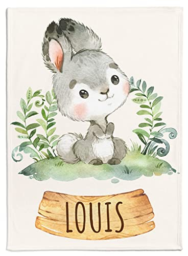 Personalisedog Personalisierte Babydecke mit beliebigem Namen, Hasenmotiv & und Hintergrundauswahl | Kinderdecke personalisierbar mit Wunsch Name | Baby Decke Namensdecke (Kaninchen), 80 x 110 cm
