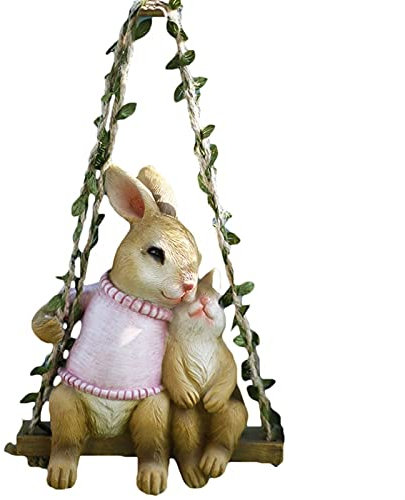 RENJIELI Gartenskulpturen Schaukel Simulation Hängende Kaninchenskulptur Harz Gartentiere Hanfseil Anhänger Ornamente Hof Balkon Schweller Dekor (Color : A) Little Surprise