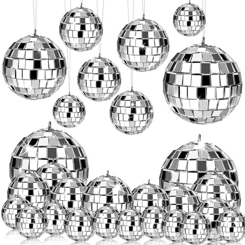 24 Pcs Mirror Disco Ball Hanging, Silver Glass Disco Ball Decor, Disco Party Decorations, Disco Ball Ornament for Holiday Party Decor with Rope (2.4 Inch, 2 Inch, 1.6 Inch, 1.2 Inch)