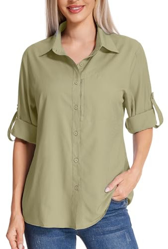 mosingle Chemise de safari pour femme - Protection solaire - Séchage rapide - Léger - Manches longues - Chemisier de voyage pour femme - Randonnée et camping, 5019# Kaki, L