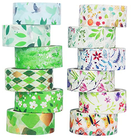 LGEGE 12 Rollen Washi Tape Set mit Frühlingsmotiv, 15 mm breit, Blumengras, Blattgrün, natürliches Muster, Abdeckband, Dekor für Sammelalben, Bullet Journal, Geschenkverpackung (3 m)