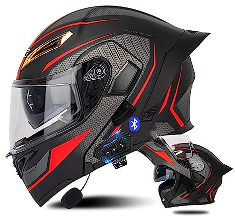 Full Face Motorcycle Bluetooth Helmet Motorcycle Full Face Helmet, ECE Approved Bluetooth Motorbike Double Sun Visor Helmets, Wear-Resistant and Scratch-Resistant Lenses, for Adult (L(59~60cm), O)