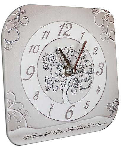 oggettando, Orologio da tavolo in ecopelle bianca stampa Albero della Vita in scatola da regalo. Bomboniere, anniversari. Regali utili, Originali ed Economici (22x22)