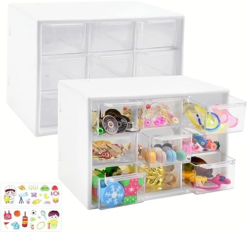 LANSKYLAN 2er-Pack Bastelbox Aufbewahrung Schublade Sortierkasten Desktop Schublade Organizer mit 9 Mini Schubladen Aufbewahrungsbox 18x12x10cm Kleinteilemagazin schubladen Weiß für Bürobedarf Zubehör