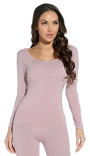 Mcilia Damen Ultradünnes Thermo-Unterhemd aus Modal mit Rundhalsausschnitt und langem Ärmel Haut Rosa Medium (EU 40 42)