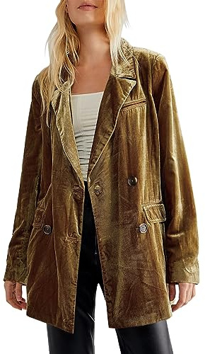 HANXIULIN Goldener Samtblazer Blazer Damen-Blazer langärmelig vorne offen Anzugjacke Damen Lange Elegante Strickjacke Military Mantel Blazer Casual Revers Business Büro