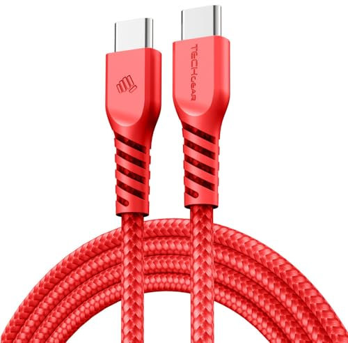 TECHGEAR 1m Câble USB C vers USB C 60 W, Câble tressé de Type C vers C Charge Rapide Compatible avec iPhone 15, iPad Pro, MacBook, Samsung Galaxy S24/S23/A14/A15/A25/A35/A34/A55/A54/A05s/A04s - Rouge