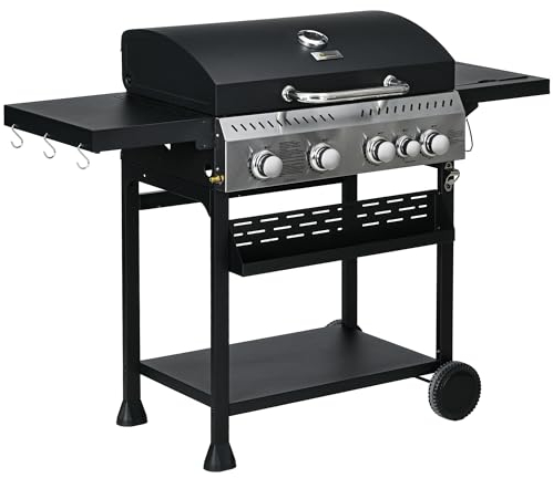 Outsunny Gasgrill 2,5 kW Grillwagen mit 4+1 Brenner, Thermometer, BBQ Grill mit Rollen, Seitenablage, Haken, Regal, Campinggrill für Garten, Balkon, Schwarz