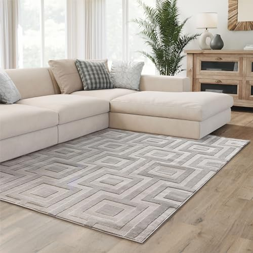 Interiyou Teppich Wohnzimmer Cannes - 120x170 cm Grau - Für Schlafzimmer, Esszimmer, Kinderzimmer - Kurzflorteppich skandinavisches Boho Muster - Hoch-Tief Effekt - Flach mit Geometrischem Muster