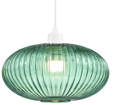 Modern Designer Emerald Forest Green Line Ribbed Glass Oval Pendant Lamp Shade | 30cm x 17cm | for Kitchen Island Living Room Bedroom Dining Room etc by Happy Homewares