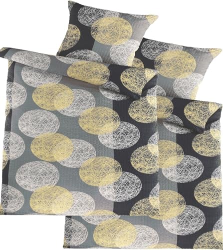 KH-Haushaltshandel 4-TLG. Seersucker Bettwäsche 2X (135x200 +80x80cm), grau gelb schwarz, Kreise, bügelfrei (W415420)