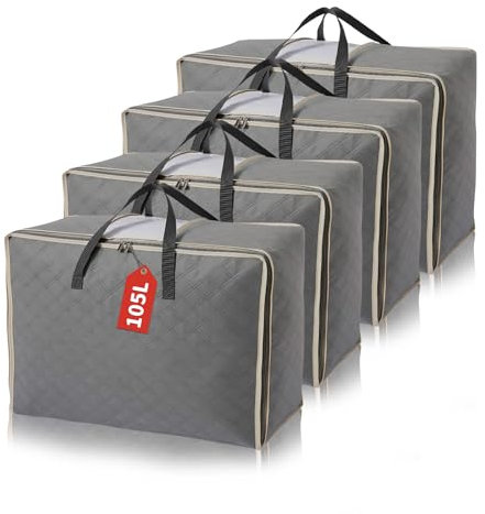 CHARMDI 4 Pack 105L Storage Bags, Wardrobe Storage Organiser, Breathable Large Storage Bags, 3 Sided Zip Top Lid, Duvet Storage Bag with PVC Window for Bedding, Clothes, Moving Home