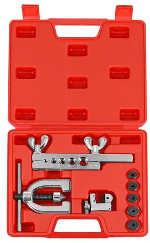 Flexzion Bremsleitungs-Bördelwerkzeug-Set mit Rohrschneider, Einzel- und Doppelflare-Werkzeug-Set mit 5 Adaptern, 45-Grad-Bremsleitungs-Reparatur-Set für Kupfer, Aluminium, Messing, Magnesium und