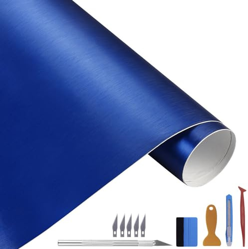 NewL Matt-Gebürst.-Edelstahl Chrom-Metallic Autofolie Blau 30x300 cm | Satin-Gebürst.-Optik, Montagewerkz. inkl., Luftablass-Technik, dehnbar, neu positionierb. Kleber, für Motor Laptop Möbel