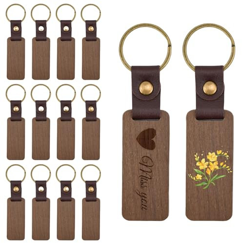 HEKOBAG 14 Pièces Porte-Clés en Bois, Porte Clef Bois à Graver, Porte Clé en Bois Brut à Peindre avec Bande de Cuir, Porte Clé en Bois à Personnaliser, Lot Porte Clé Bois pour Artisanat, Cadeau, DIY