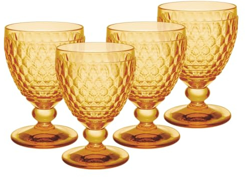 Villeroy & Boch Boston Saffron Wassergläser 4er Set, 400 ml, Farbige Trinkgläser mit Facettenmuster, Kristallglas für Softdrinks, Spülmaschinengeeignet, Gelb
