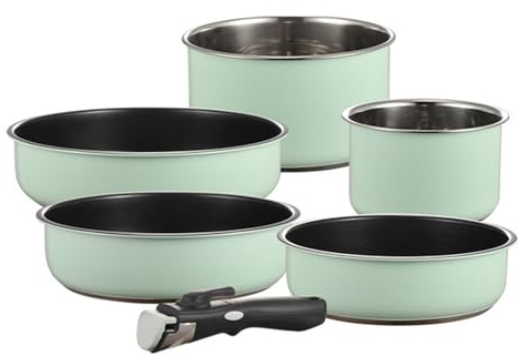 Set Pentole E Padelle con Manico Rimovibile, Set Pentole E Padelle in Ceramica Antiaderente, Set Pentole per Camper, Forno Sicuro