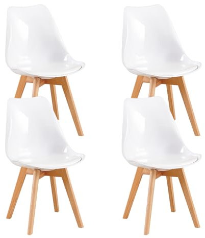 EGGREE 4er Set Esszimmerstühle mit Massivholz Buche Bein SGS Geprüfter,Skandinavisch Design Gepolsterter aus Glänzendes PU-Material Leder Küchenstuhl Essstühle,Glänzend Weiß