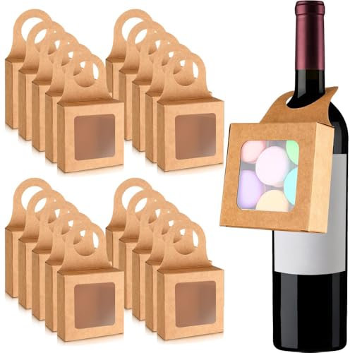 DONGKER Cajas de papel kraft para botellas de vino, 20 unidades, para colgar botellas, cajas con ventana para guardar dulces, chocolates y galletas