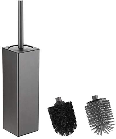 BGL WC-Bürste und Halter, Silikon-WC-Bürstenhalter, 2 Bürstenköpfe, Aluminium, quadratische Klobürste für die Badezimmerreinigung, WC-Bürsten (grau)