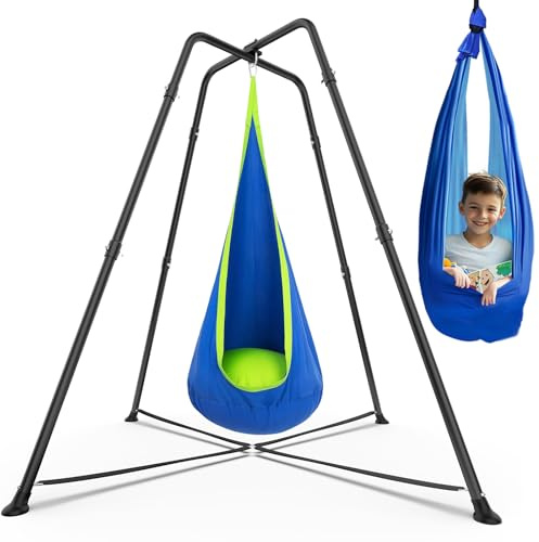 Swing Stand Frame with Sensory Pod Swings and Chair, Sensory Swing Set, X-Shaped Swing Frame, Heavy-Duty Metal Hammock Chair Stand for Adults Indoor and Outdoor 330LBS(Blue)