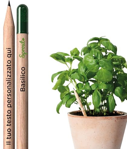 SproutWorld Matite Personalizzate Piantabili – Matite in Legno con Logo, Testo e/o Icona a Colori – Matite Sostenibili per Aziende, Eventi e Matrimoni – Originali ed Ecologiche, con Basilico