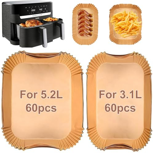 YJDM Airfryer Backpapier für Philips Dual Basket Airfryer 3000-serie 6L/3L Tefal EY9018 Dual Easy Fry 5,2/3,1L, 120PCS Heißluftfritteuse Backpapier für Dual Basket Airfryer EY905D 5,2/3,1L