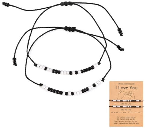 UEIOAVL Armbänder für Damen, 2-teiliges Morsecode-Armband, schwarzes und weißes Perlenarmband mit Karte für Frauen Paar Freundschaft Schwester Paarung Beziehung Perlenarmband