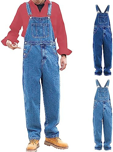 Salopette da uomo in jeans, lunghi, elasticizzati, taglie forti, colore blu, vintage, pantaloni da lavoro, estivi, con bretelle, Celeste., L