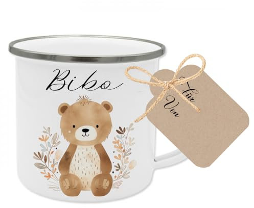 Manufaktur Liebevoll Namenstasse Kinder Kindertasse Personalisiert Emaille Tasse Mädchen Junge Geschenk Bär Becher Tier