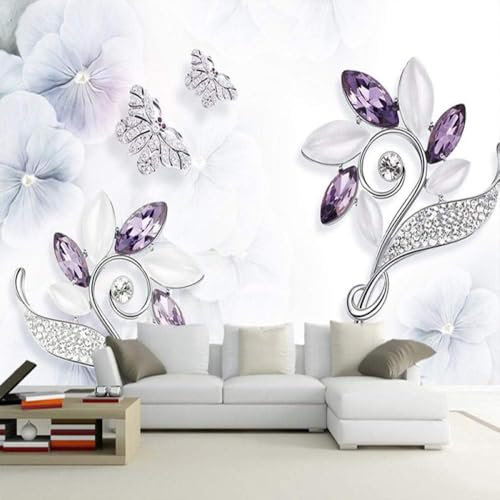Lila Kristalle Blumen Schmetterlinge Diamanten 3D Tapete Tapeten Büro Wohnzimmer Sofa Schlafzimmer TV Hintergrund Wand Dekoration-430cm×300cm