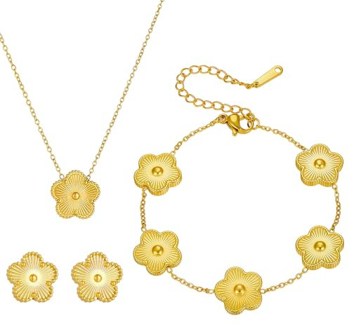 GWAWG Glücksklee Schmuckset für Damen, Halskette, Ohrringe und Armband, 18K Gold Edelstahl, Vierblättriges Kleeblatt Design, Geschenk für Valentinstag, Muttertag und Weihnachten (Gold)