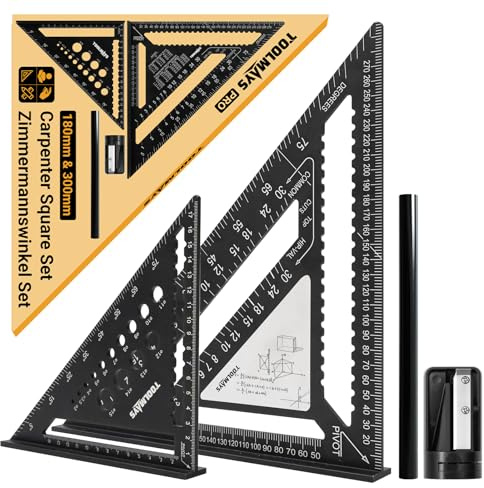TOOLMAYS Zimmermannswinkel Set 300mm und 180mm | Präzises Winkelmesser mit abwischbare Notizzone, 45 und 90 Grad Aluminiumwinkel zum präzisen Zeichnen, Messen und Prüfen