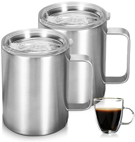 2 Stück Edelstahl Kaffeebecher, 350ml Edelstahl-Trinkbecher mit Henkel Edelstahlbecher Longlife Cup Doppelwandige Isolierbecher Doppelwandig Trinkbecher für Reisen Camping geeignet für Kaffee (Silber)