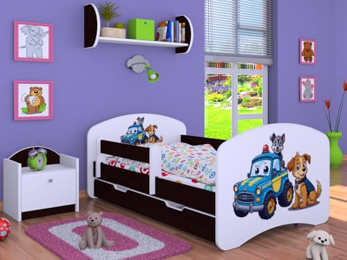 Happy Babies Kinderbett - mit Rausfallschutz Junge 140x70 Mädchen, Bett für Kinderzimmer mit Schublade & Matratze Einzelbett für Kinder Kinder Hundemotiv, Wenge, Bilder (Nr 3)