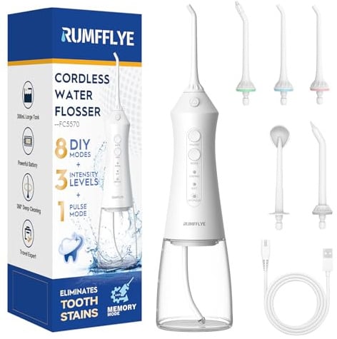 RUMFFLYE Idropulsore Dentale Irrigatore Orale Water Flosser con 12 Modalità | Idropulsore Dentale Portatile Professionale e Capacità 300ML Ricaricabile Impermeabile IPX7 per Casa e Viaggi Bianco