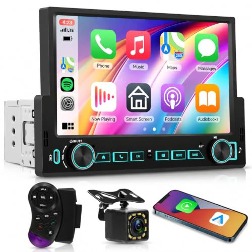 Hodozzy Autoradio 1 Din avec CarPlay Android Auto sans Fil, Poste Radio Voiture 1 Din écran Tactile 7 Pouces avec Bluetooth, Mirror Link, Stéréo FM, Universel MP5 EQ Type-C/USB/AUX, Caméra Recul