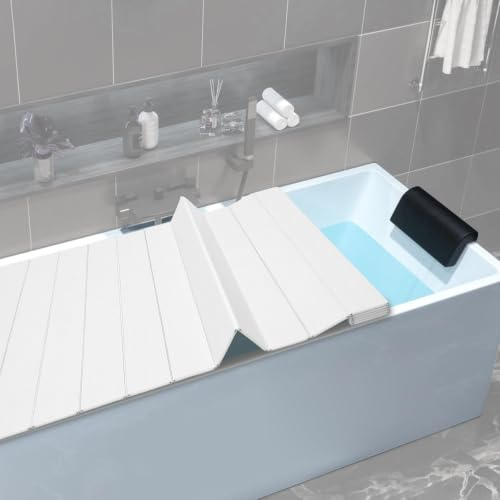 70x183cm Badewannenabdeckung Belastbar，Badewannen Abdeckung，Faltbare Badewanne Brett, wasserdichte, Isolierung PVC Badewannenablage für Haus Badewannenablage Badezimmer SPA，Weiß