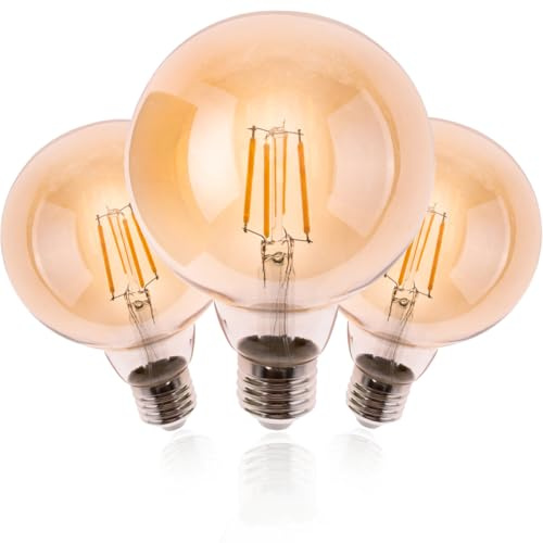 Lumiled LED Filament Leuchtmittel E27 G95 4W Ersetzt 40W 470lm 2000K Amber 360° Abstrahlwinkel Amberglas – 3er Pack Globe Form Dekoratives Extra Warmes Licht Nicht Dimmbar