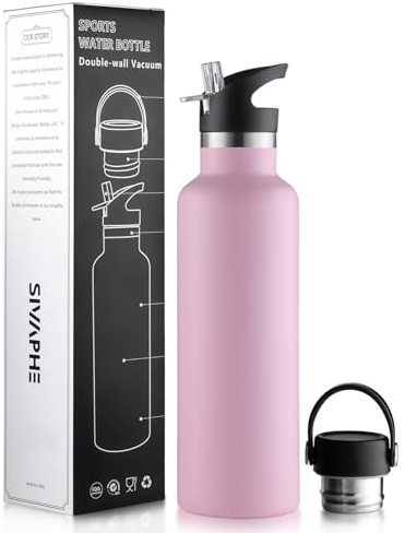 Sivaphe Insulated Edelstahl Trinkflasche 750ml,Isolierte Doppelwand-Thermoflasche mit strohhalm,Leckdichter Wasserflasche für Sport oder Büro,Rosa