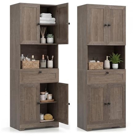 LIFEZEAL Armadio da bagno alto, mobile portaoggetti a 3 livelli in legno con 4 ante e 1 cassetto, scomparto aperto, ripiano regolabile, armadio moderno per bagno, cucina (marrone chiaro)