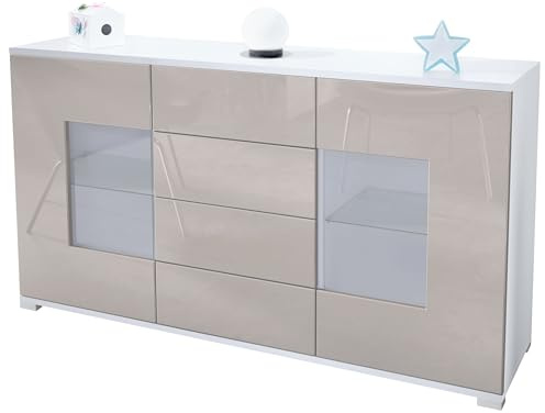 Vladon Sideboard Grömitz V1, Kommode mit 2 großen Türen und 4 Schubladen, Weiß matt/Sandgrau Hochglanz (138,5 x 75,5 x 35)