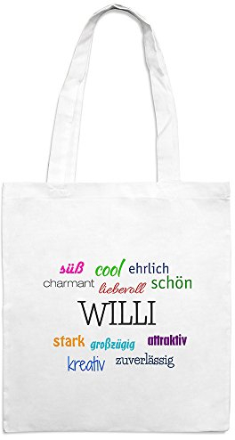 Jutebeutel mit Namen Willi - Motiv Positive Eigenschaften - Farbe weiß – Stoffbeutel, Jutesack, Hipster, Beutel