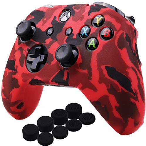YoRHa Water Transfer Printing Camouflage Silicone Cover Skin Case for Microsoft Xbox One X & Xbox One S controller x 1(red) With PRO thumb grips x 8