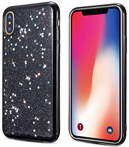 QLTYPRI Silicone Case for iPhone X XS, Ultra Slim Soft TPU Bumper Transparent Bling Cute Star Pattern Case Crystal Clear Lightweight Shell Shockproof Case Cover for iPhone X XS - Black