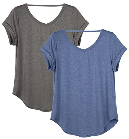icyzone Damen Rückenfrei Yoga T-Shirt Kurzarm Sport Freizeit Tops Lose V-Ausschnitt Shirt, 2er Pack (XL, Dunkelgrau/Grau-blau)