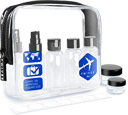 TWIVEE - Transparenter Kulturbeutel mit Reiseflaschenset - 1 Liter - Kulturtasche zum Transport von Flüssigkeiten im Handgepäck