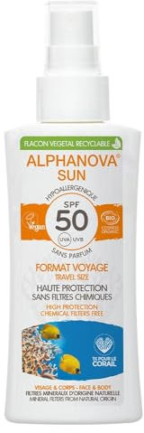 ALPHANOVA Spray solaire SPF50 Naturel et Bio - Format voyage - bagage cabine - 90g - Sans parfum